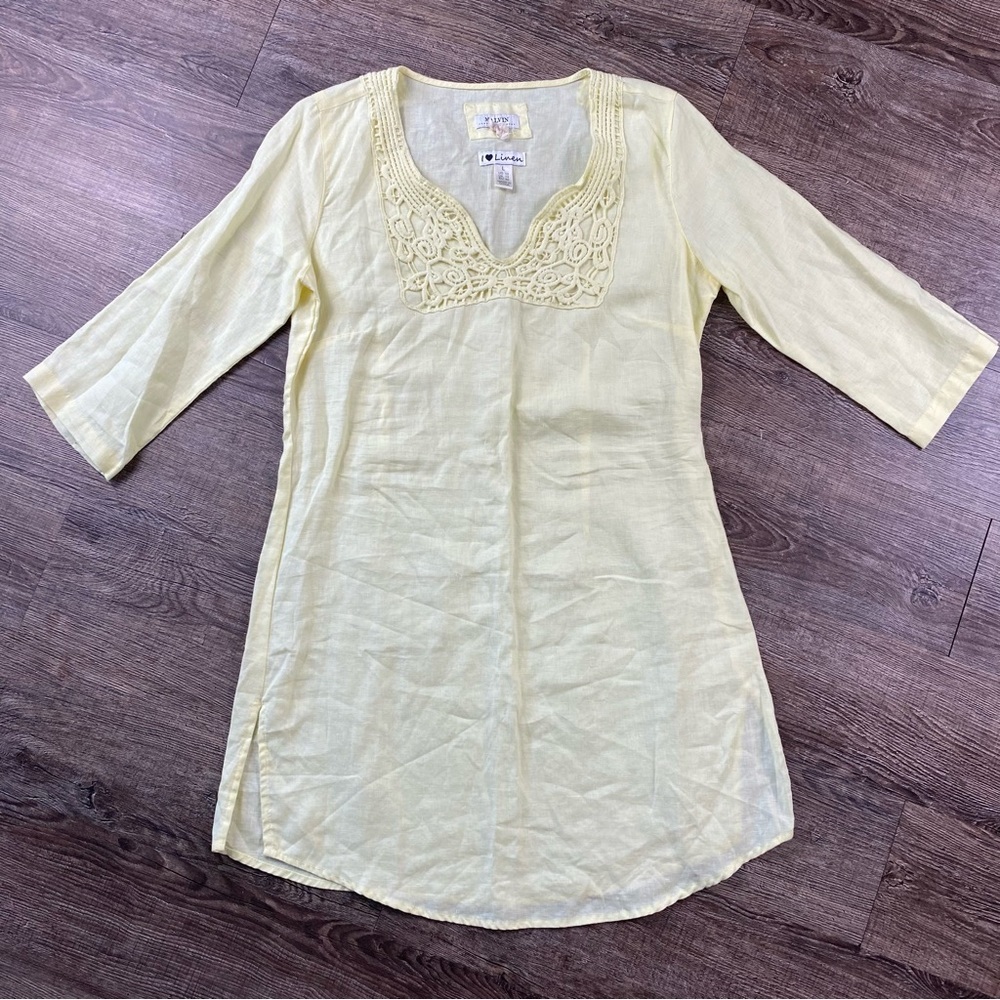 Anthropologie Malvin Shirt Women 10 Yellow 100% Linen Tunic 3/4 Sleeve Beachy